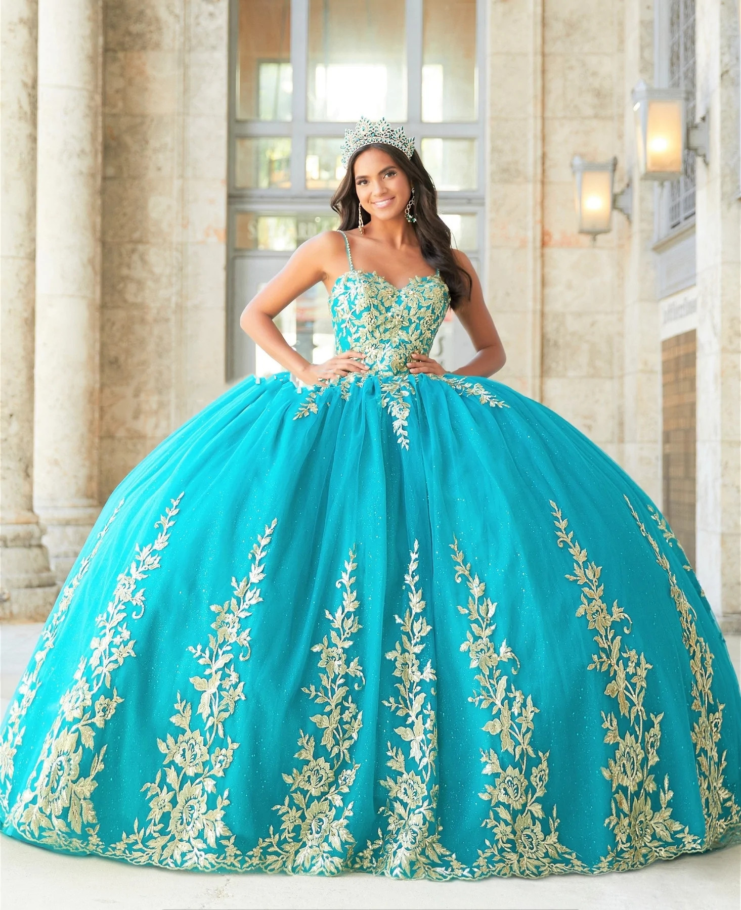 Turquoise Mexican Quinceanera Dresses Ball Gown Spaghetti Straps Tulle Appliques Puffy Charro Sweet 16 Dresses 15 Anos