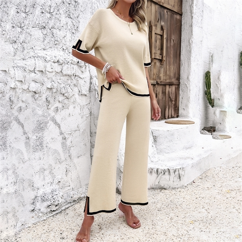Fashion Womens Clothing 2024 Spring and Summer Casual ShortSleeved WideLeg Pants Knitted Suit 240523