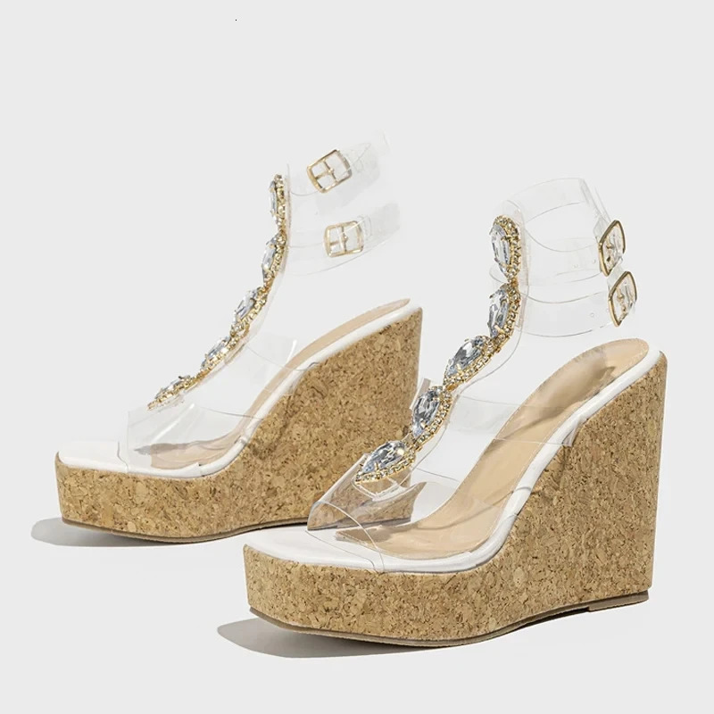 2024 Arrival Fashion Crystal Diamond Wedges Sandals For Women Summer Open Toe Platform High Heels Dress Transparent Shoes 240615