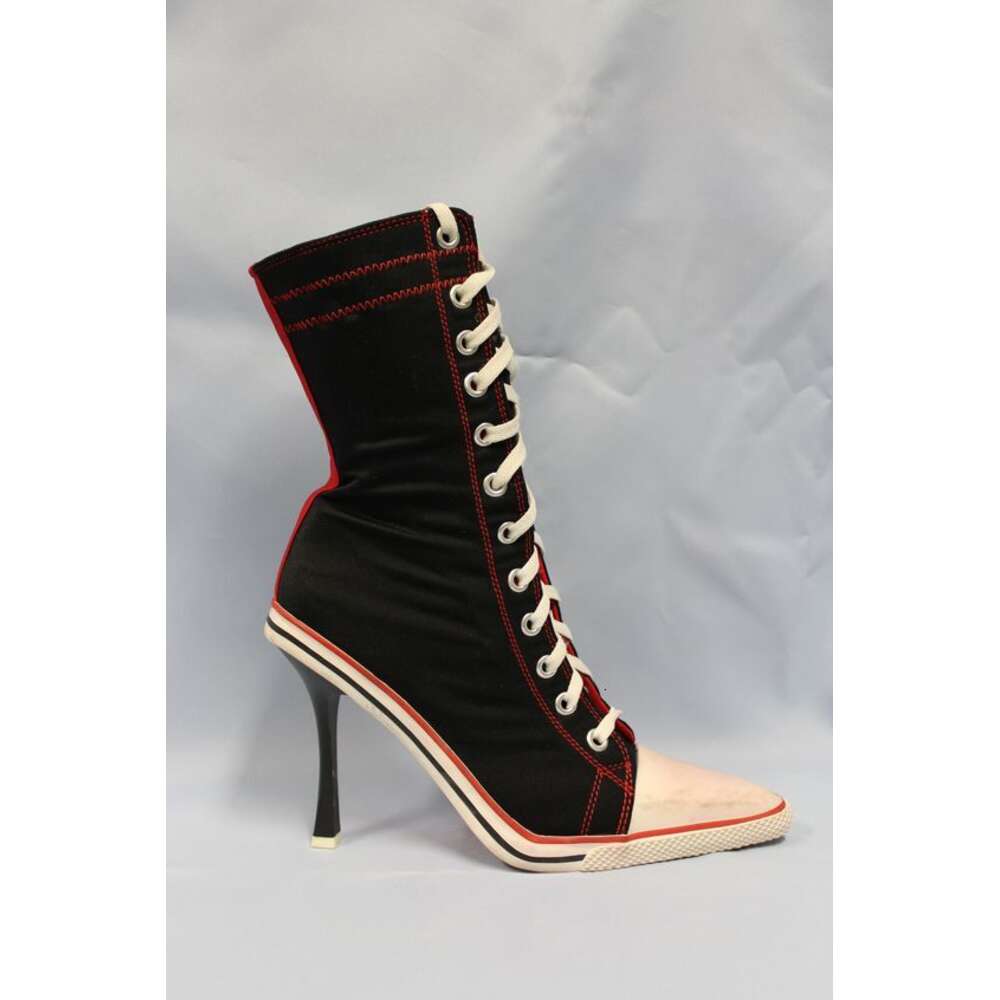 Design Stiletto High Heel Canvas Fashion Lady Lace Up Pointed Toe Sneakers Casual Ankle Shoes Outside Women 2024