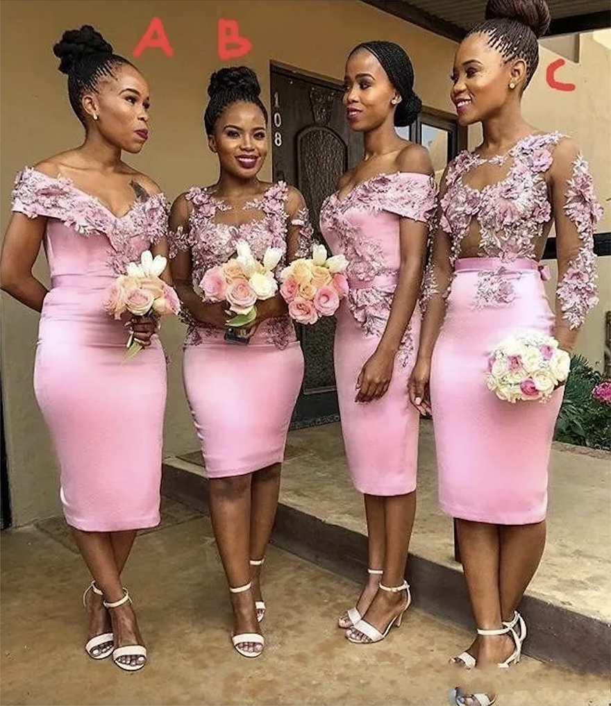 Pink African Bridesmaid Dresses Sexy Sheath Off Shoulder Knee Length Flowers Prom Evening Gown Formal Party Wedding Guest Wear