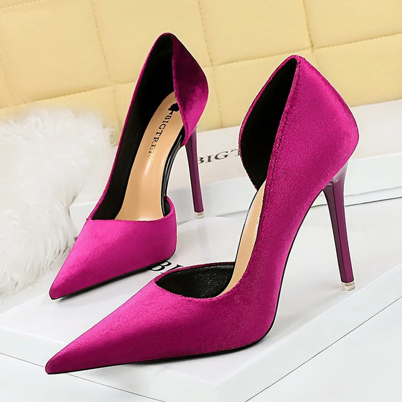 2024 Arrivals Women 11cm Thin Heels Corduroy Pumps Lady Wedding Bridal Heels Side Hollowing Shoes 240615