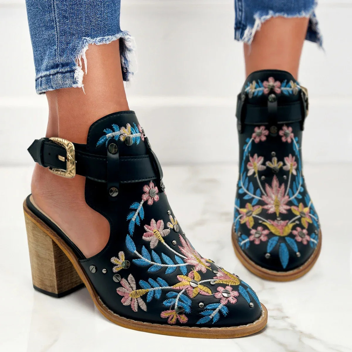 BKQU 2024 Womens Embroidered and Studded Short High Heels Elastic Back Artificial Leather Ankle Boots 240614