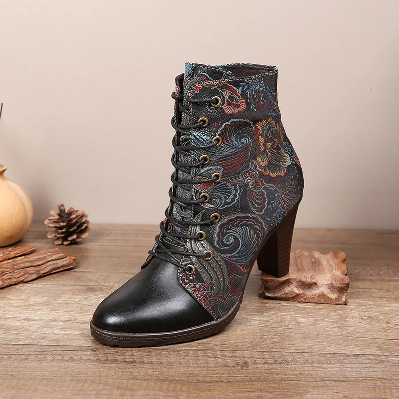 Johnnature Ankle Boots Womens Shoes Leather 2024 Ethnic Style Pointed Toe Handmade Fashion High Heels Modern Boots 240614