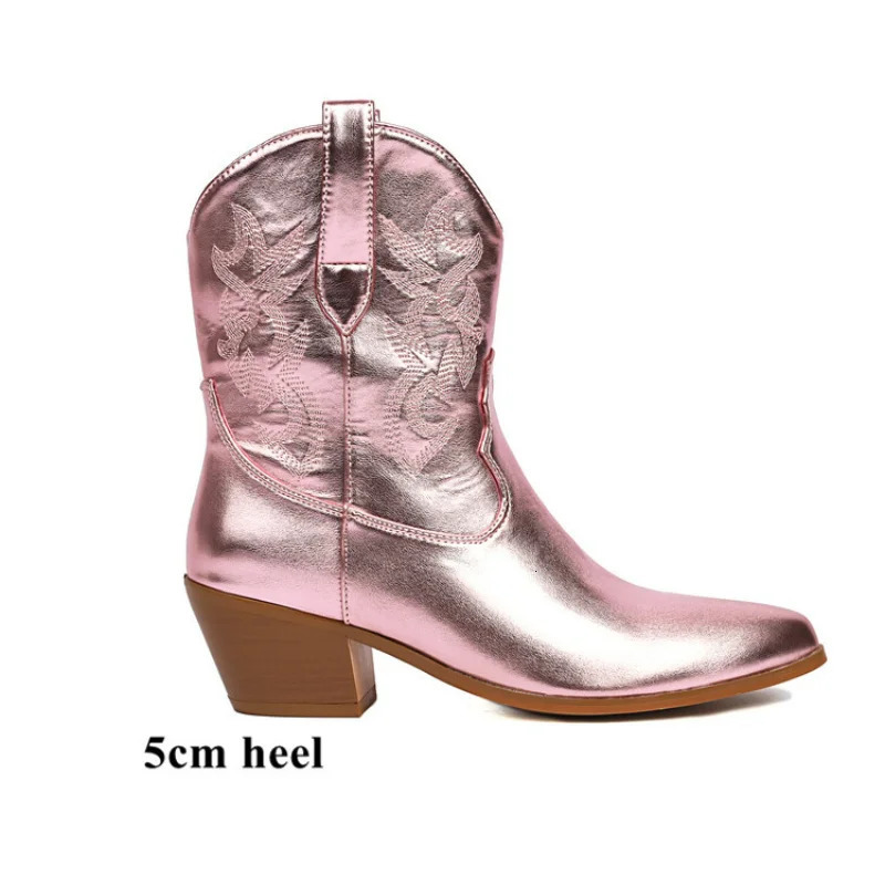LeShion of Chanmeb Large 49 50 Western Cowboy Boots Gold Silver Pink Square High Heels Slippery Cowboy Boots Autumn Winter Shoes 240614