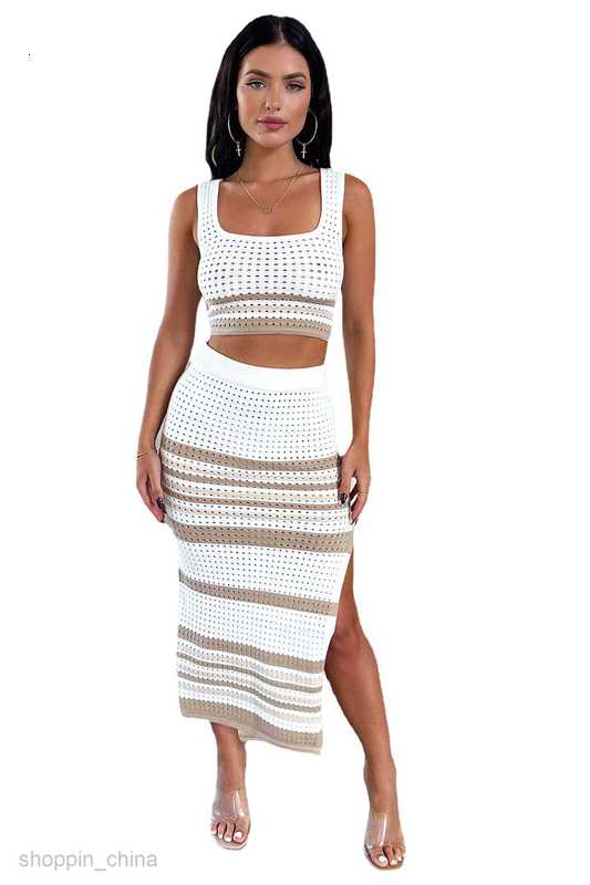 Two Piece Dress Sets Women's Summer New Sleeveless Tank Top Sexy Split Stripe Skirt Knitted Set