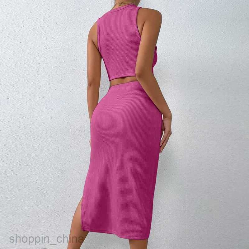 Two Piece Dress Sets New casual suit round neck sleeveless top slit one step skirt two-piece set for women PG0008