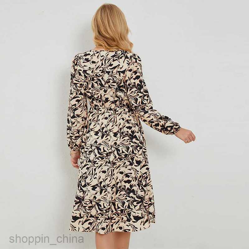 Basic Casual Women Dresses Spring and Autumn Elegant V-neck Printed Waist Wrapped Casual Long sleeved Dress JR2505