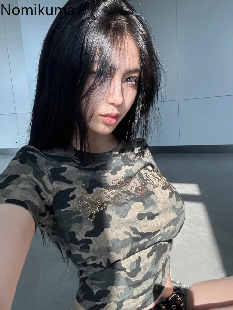 Cotton Tshirts Women Fashion Streetwear Camouflage Crop Tops Ropa Mujer Short Sleeve Oneck Tees Vintage Y2k Tshirt 27v910 240601