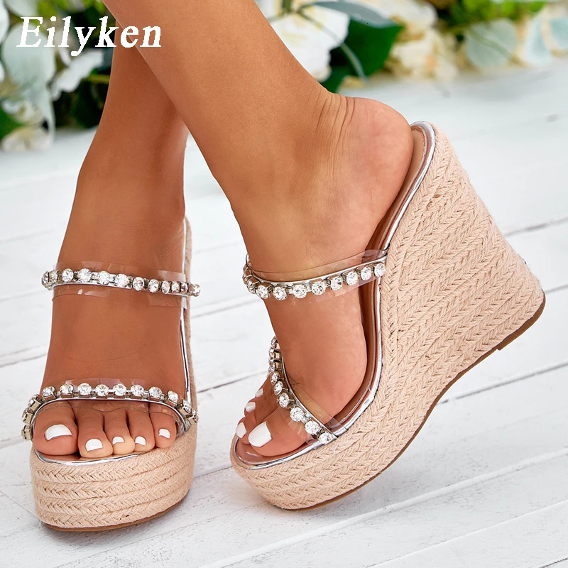 Eilyken 2024 CRYSTAL Platform Wedges Slippers Summer Peep Toe Shoes Woman Sexy Super High Mules Female Sandals 240615