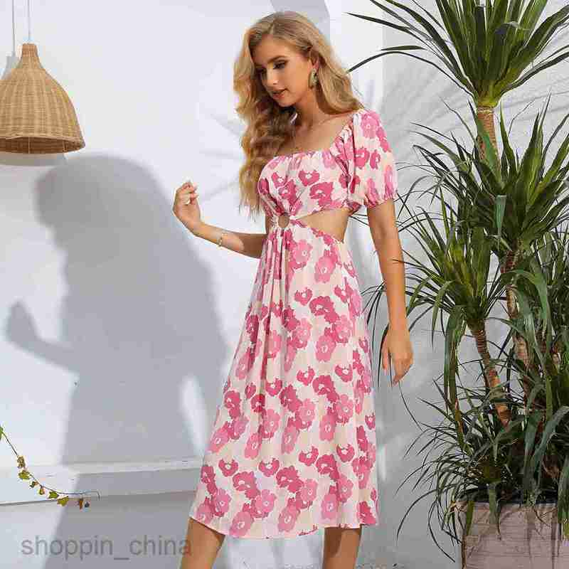 Basic Casual Women Dresses Summer Square Neck One Shoulder Printed Women's Wear waist Sexy temperament Slim Short sleeved Dress 60055