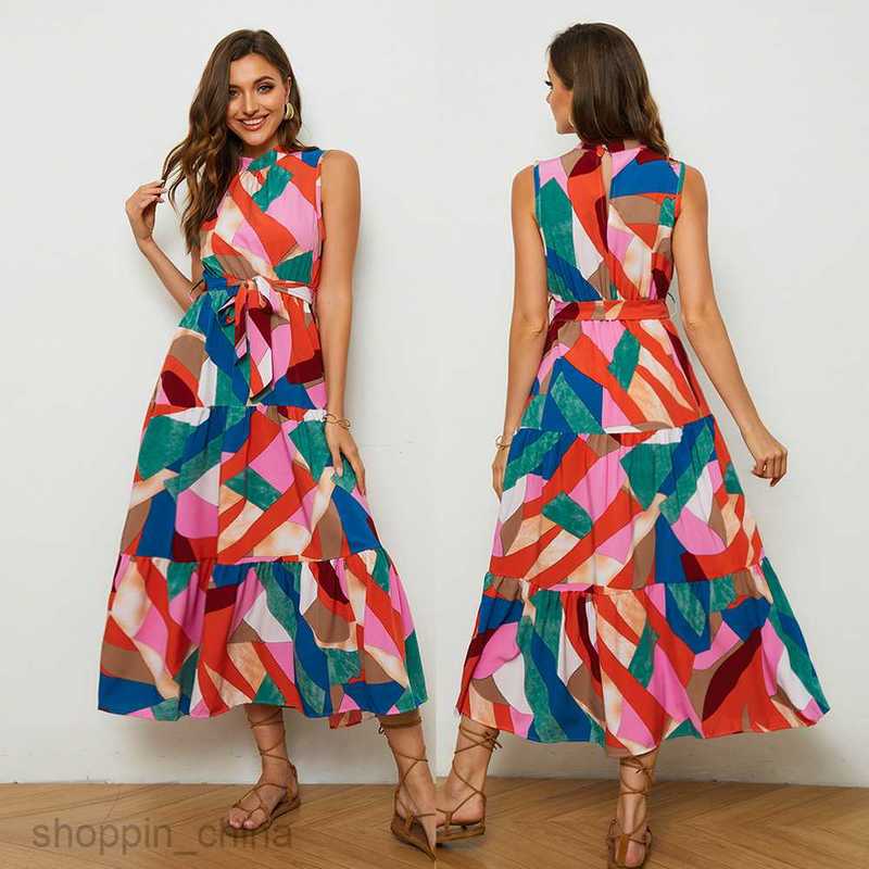 Basic Casual Women Dresses Women's summer collar print A-line Bohemian vacation style sleeveless dress for women JR2286