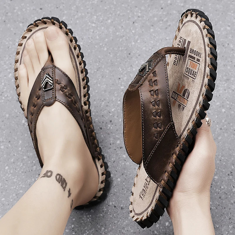 Golden Sapling Beach flap summer mens shoes genuine leather apartment retro mens shoes fashion outdoor slider casual shoes 240615