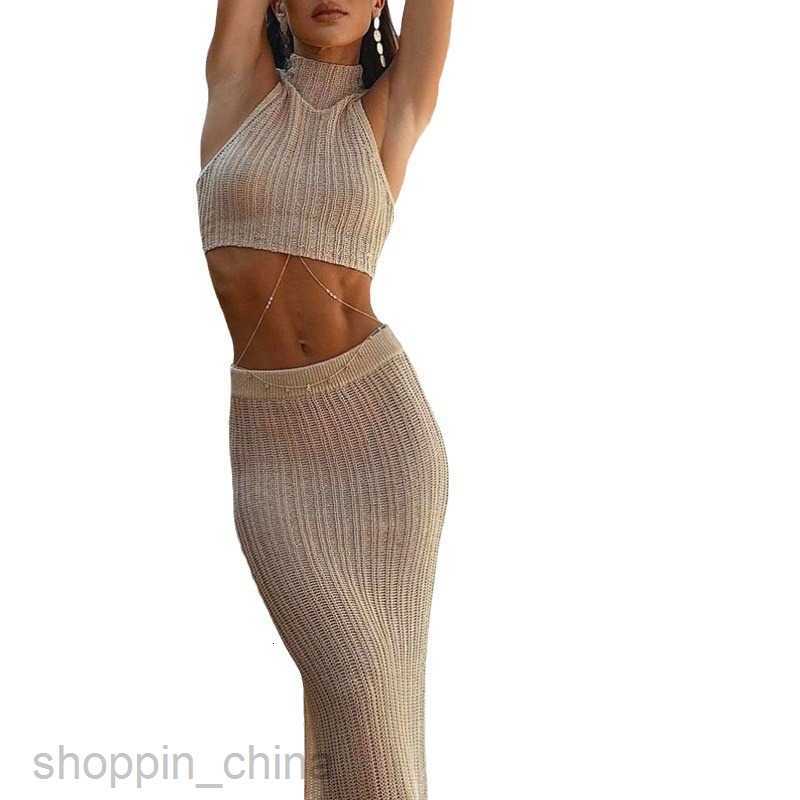 Two Piece Dress Sets Fashionable and Sexy Open Waist Suspended Tank Top, Temperament Split Slim Long Dress Girl's Set
