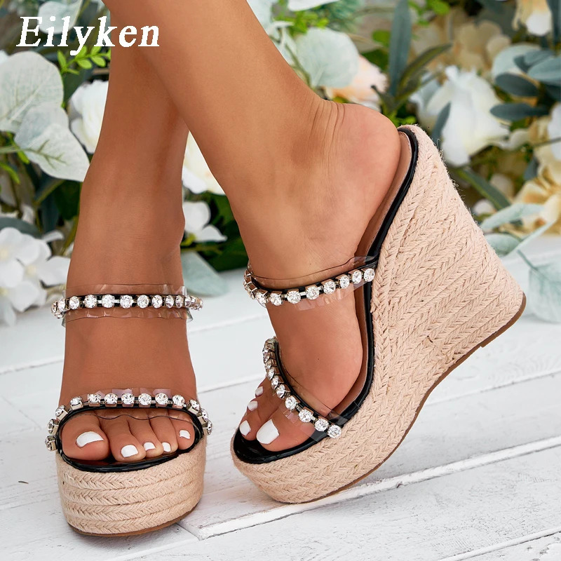 Eilyken 2024 CRYSTAL Platform Wedges Slippers Summer Peep Toe Shoes Woman Sexy Super High Mules Female Sandals 240615