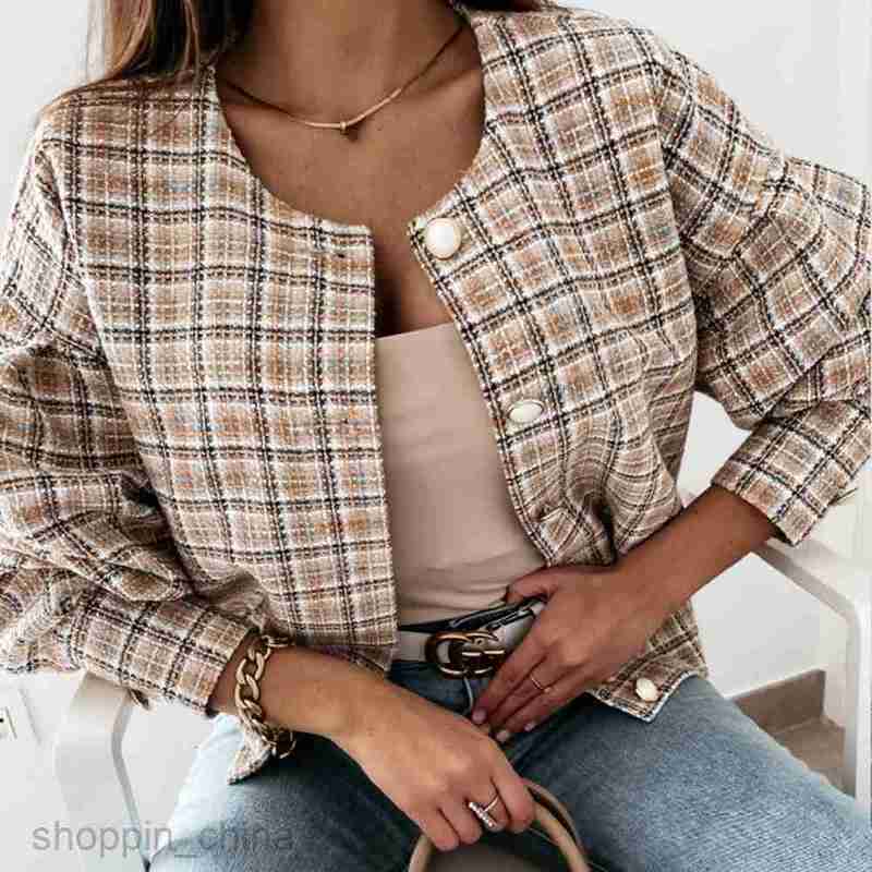Women Jackets Coats New Spring and Autumn checkered long sleeved short jacket for women PG0603