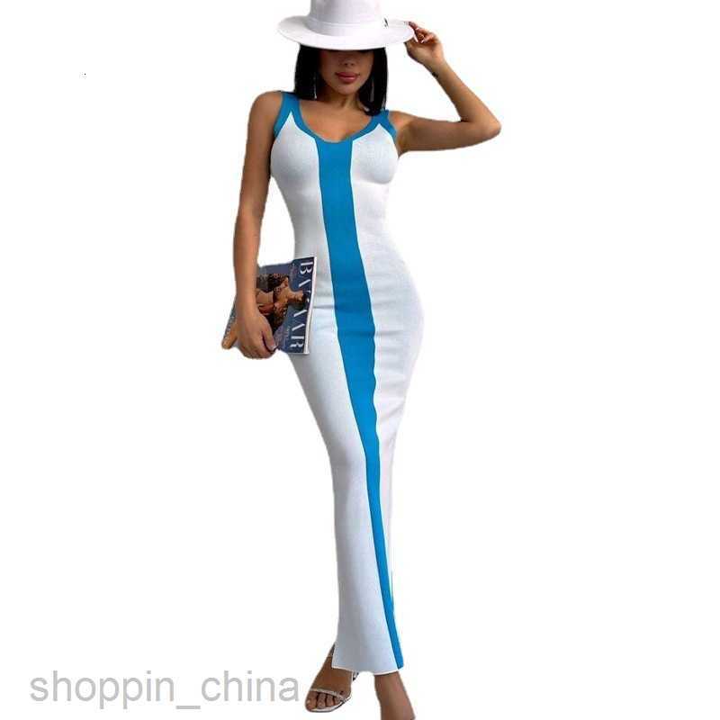 Basic Casual Women Dresses spring summer sexy contrast color knitted medium length tight suspender split color matching dress