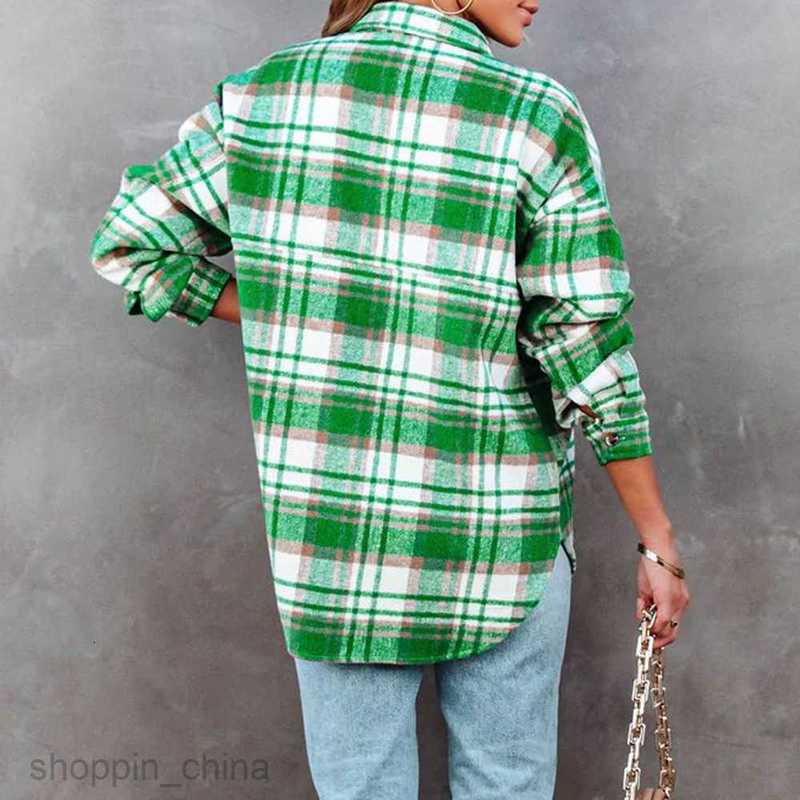 Women Jackets Coats New Checkered Casual Loose Pocket Long sleeved Coat PG2718