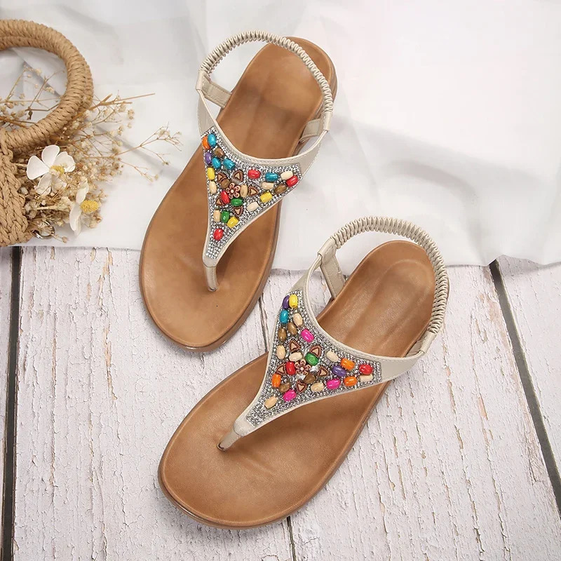 Retro Bohemian Flat Shoes Womens Sandals 2024 Summer Rhinestone Beads Clip Toe Sandals Womens Lightweight Beach Flip 240615
