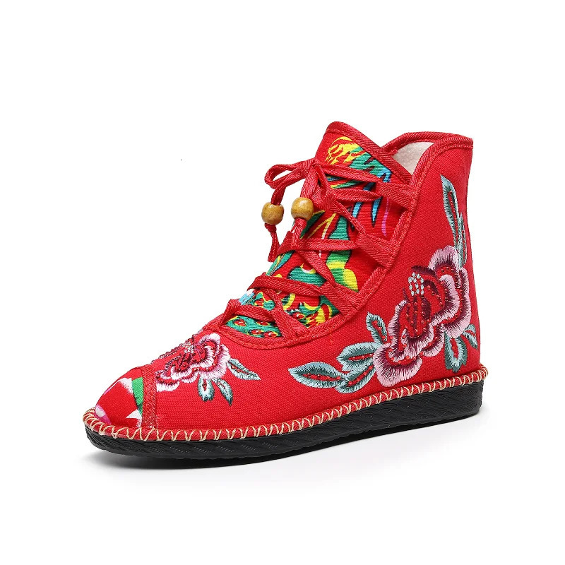 Retro floral embroidery womens canvas boots hidden wedge high heels womens platform shoes comfortable boots retro boat De Mujer 240614