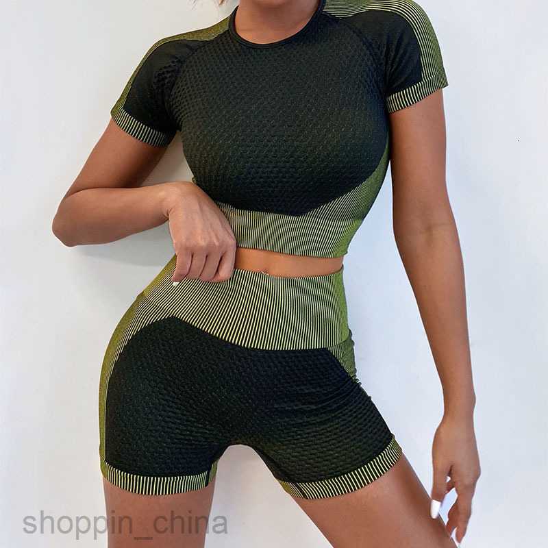 Women's Tracksuits Summer New Quick Drying Yoga Clothes Running Sports Short Sleeve Two Piece Set for Women's High Waist Seamless Fitness Se
