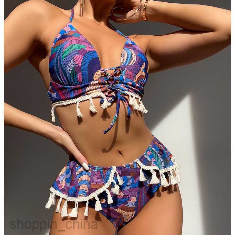 Women's Sexy Swimwear New Printed Style Hanging Neck Strap Tassel Bikini female Swimwear Fashion Swimwear