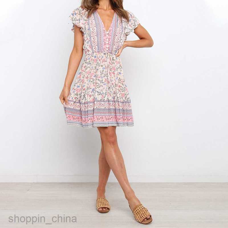 Basic Casual Women Dresses Summer Women's Fashion V-neck Short sleeved Positioned Printed Lace up Cotton Dress JR1266