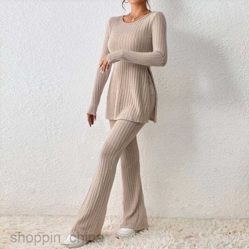 Women's Tracksuits Knitted Pit Stripe Two Piece Set Top Flare Pants Split Hem Tee&Flare Leg Pants Sets