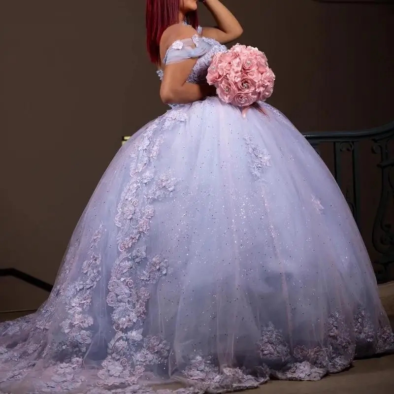 Mexican Sky Blue Off Shoulder Quinceanera Dress Ball Gown 3D Flowers Lace Applique Beading Tull Sweet 16 Vestido De 15 Anos