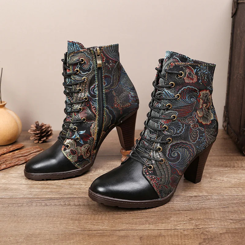 Johnnature Ankle Boots Womens Shoes Leather 2024 Ethnic Style Pointed Toe Handmade Fashion High Heels Modern Boots 240614