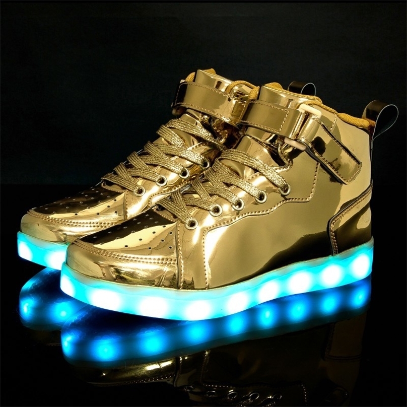 Mens and Womens High Top Board Shoes Childrens Luminous Shoes LED Light Shoes Mirror Leather Panel Shoes Large 25-47 240615