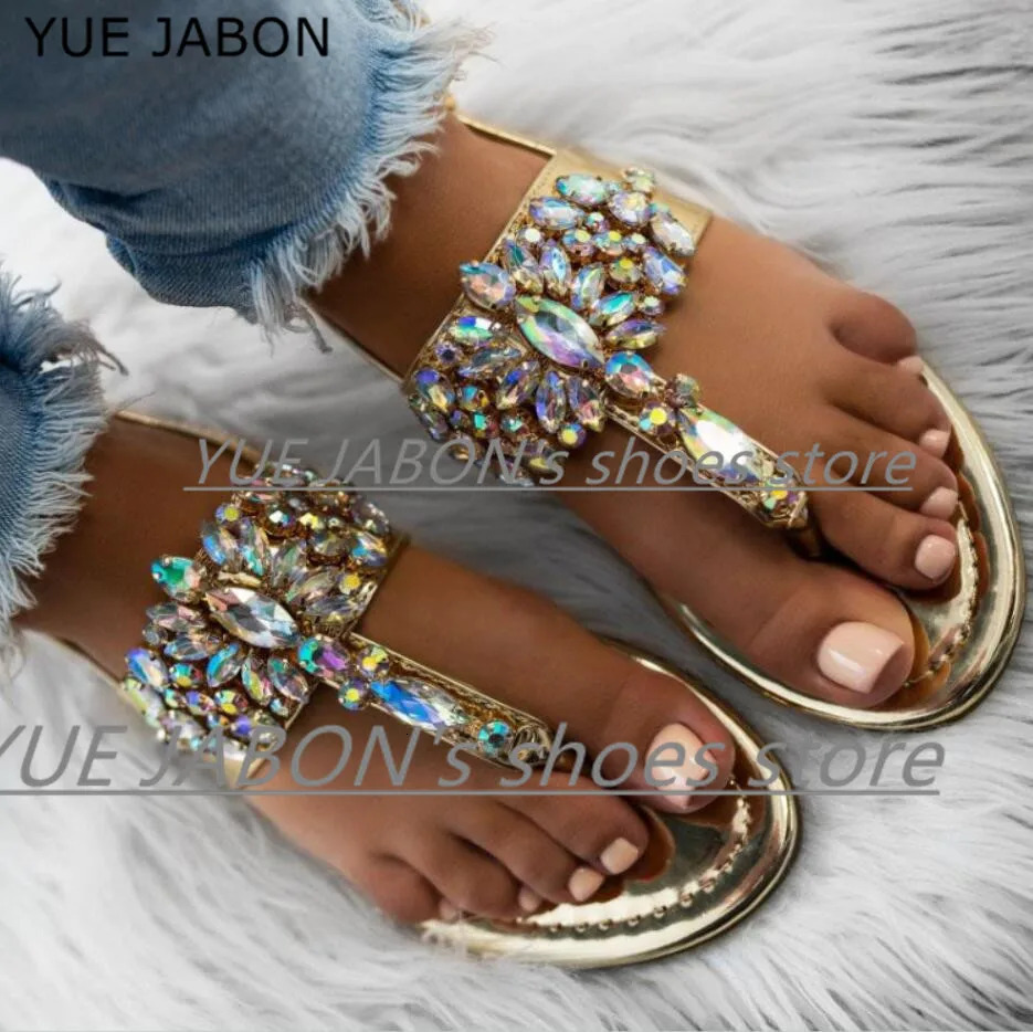 Womens sandals womens Rhinestone flat bottomed sandals thong pants crystal flip sandals 240615