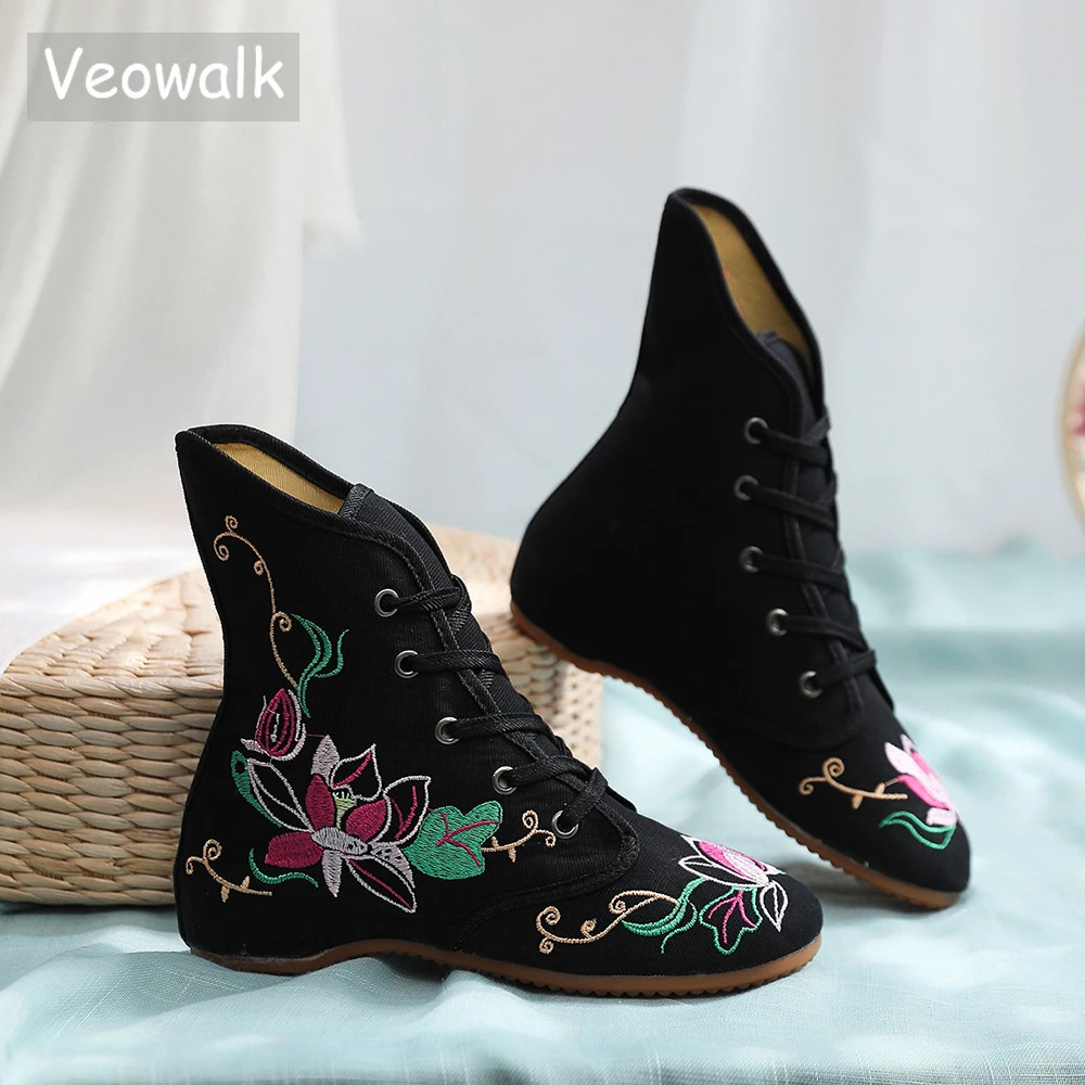 Veowalk Handmade Flower Embroidery Womens Cotton Fabric Ankle Boots Womens Lace Top Casual Short Boots Shoes Ship Unprinted Good Product 240614