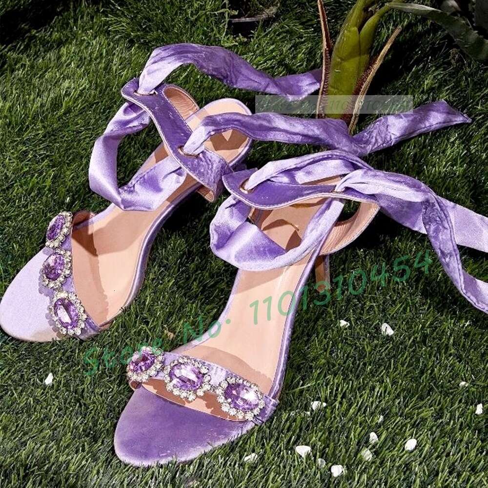Light Purple Ribbon Sandals Women Elegant Gem-Encrusted High Heels Female Open Toe Silk Lace-Up Sparkly Party Shoes