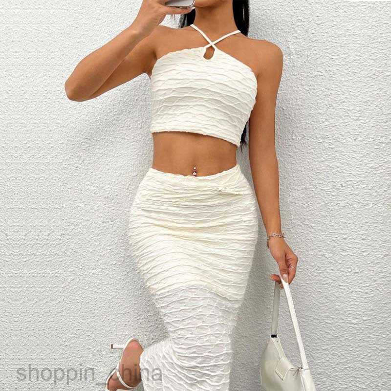 Two Piece Dress Sets Sexy Spicy Girl Drop Top Half Skirt Set Crop Top&Split Thigh Skirt