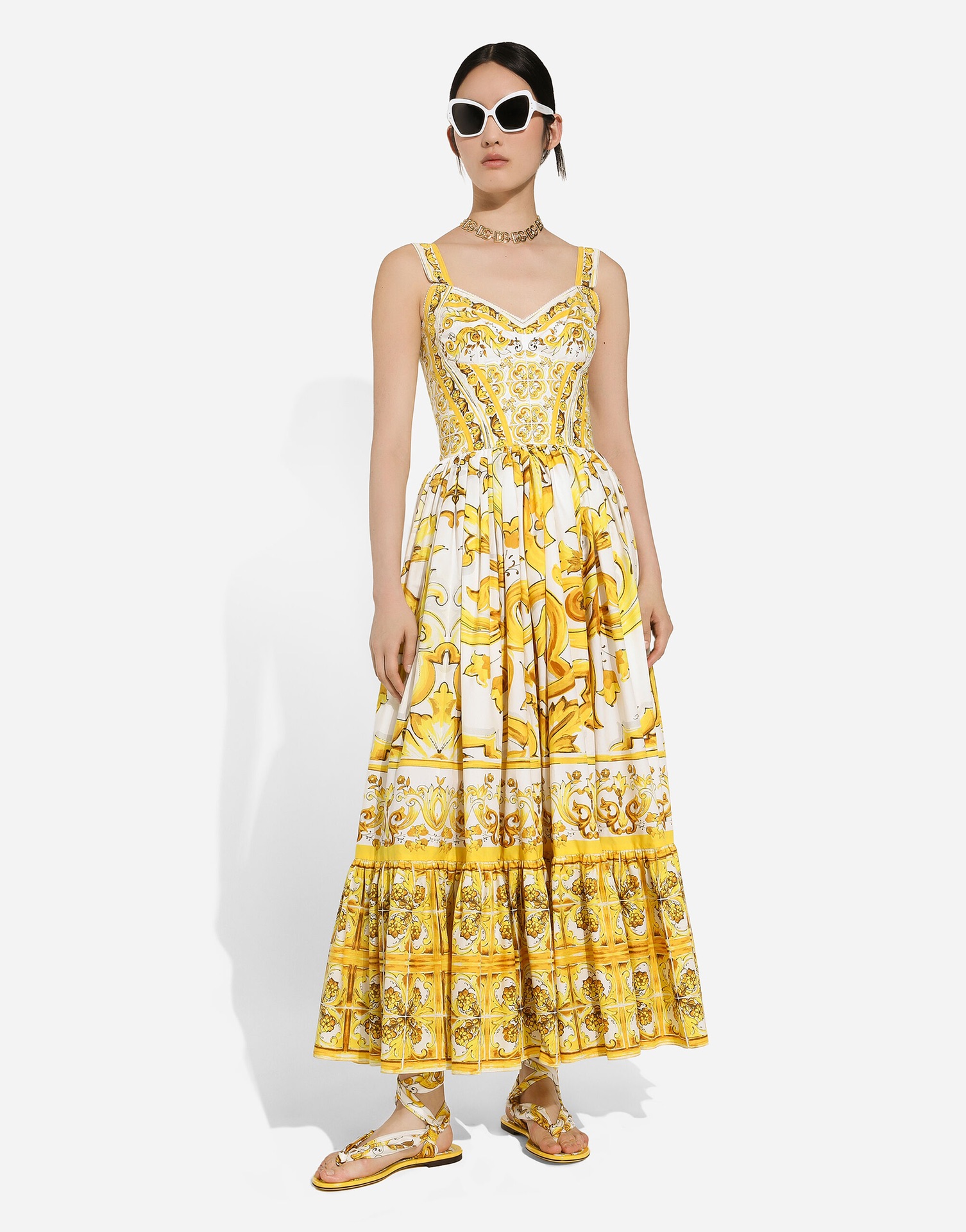Chaopai Original Yellow Flower Porcelain Positioning Flower Heavy Industry Lace Material 3.4m Large Waist Wrap Dress