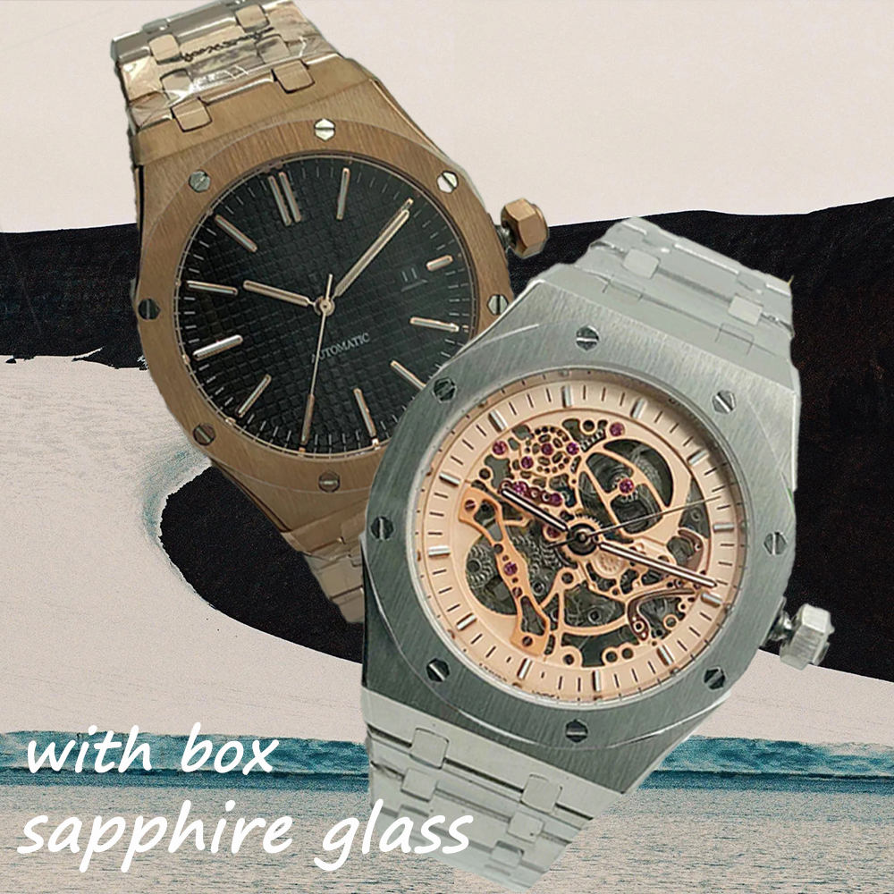 watch mens automatic hollow watches classic style 41mm full stainless steel strap waterproof sapphire luminous menwatch