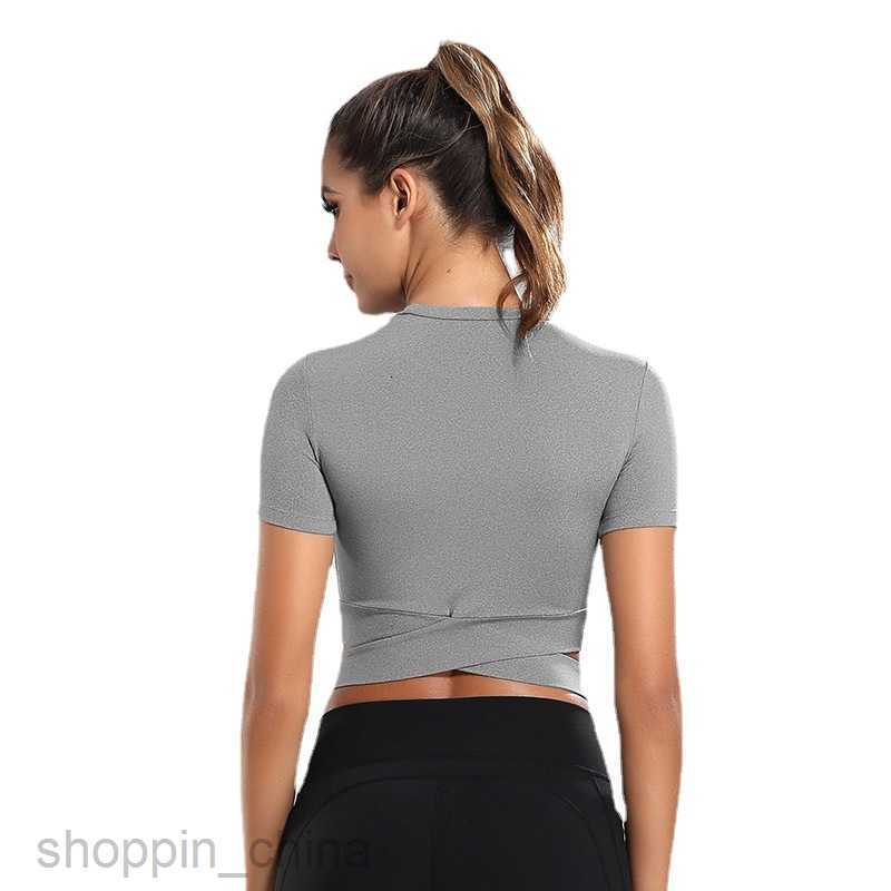 Women's T Shirt Women's sports slim cross T-shirt sports fitness top open navel Yoga suit running short sleeve tees