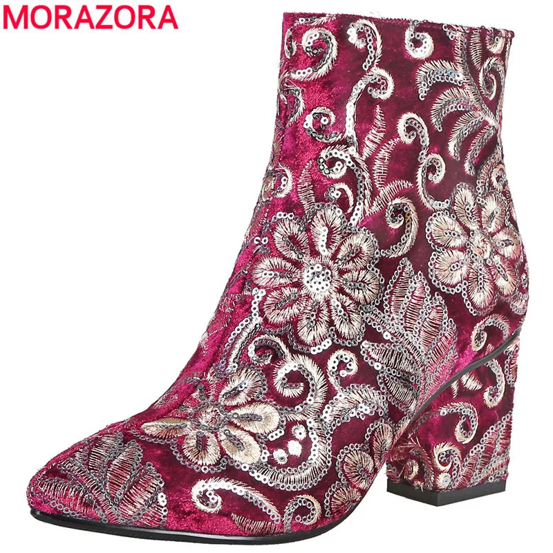MORAZORA high-quality embroidered womens boots thick high heels automatic winter boots fashionable womens boots ankle boots 240614