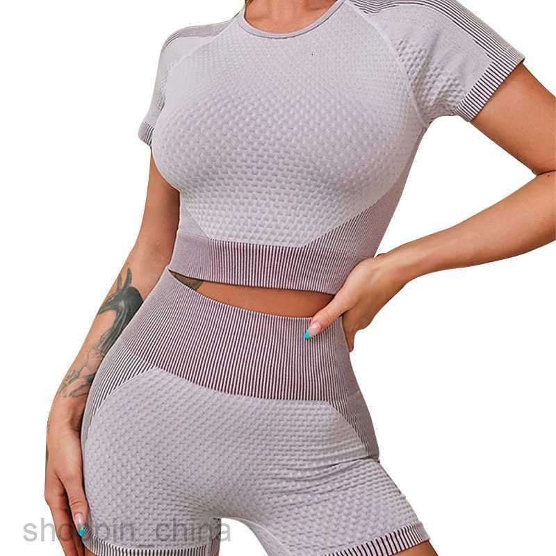 Women's Tracksuits Summer New Quick Drying Yoga Clothes Running Sports Short Sleeve Two Piece Set for Women's High Waist Seamless Fitness Se