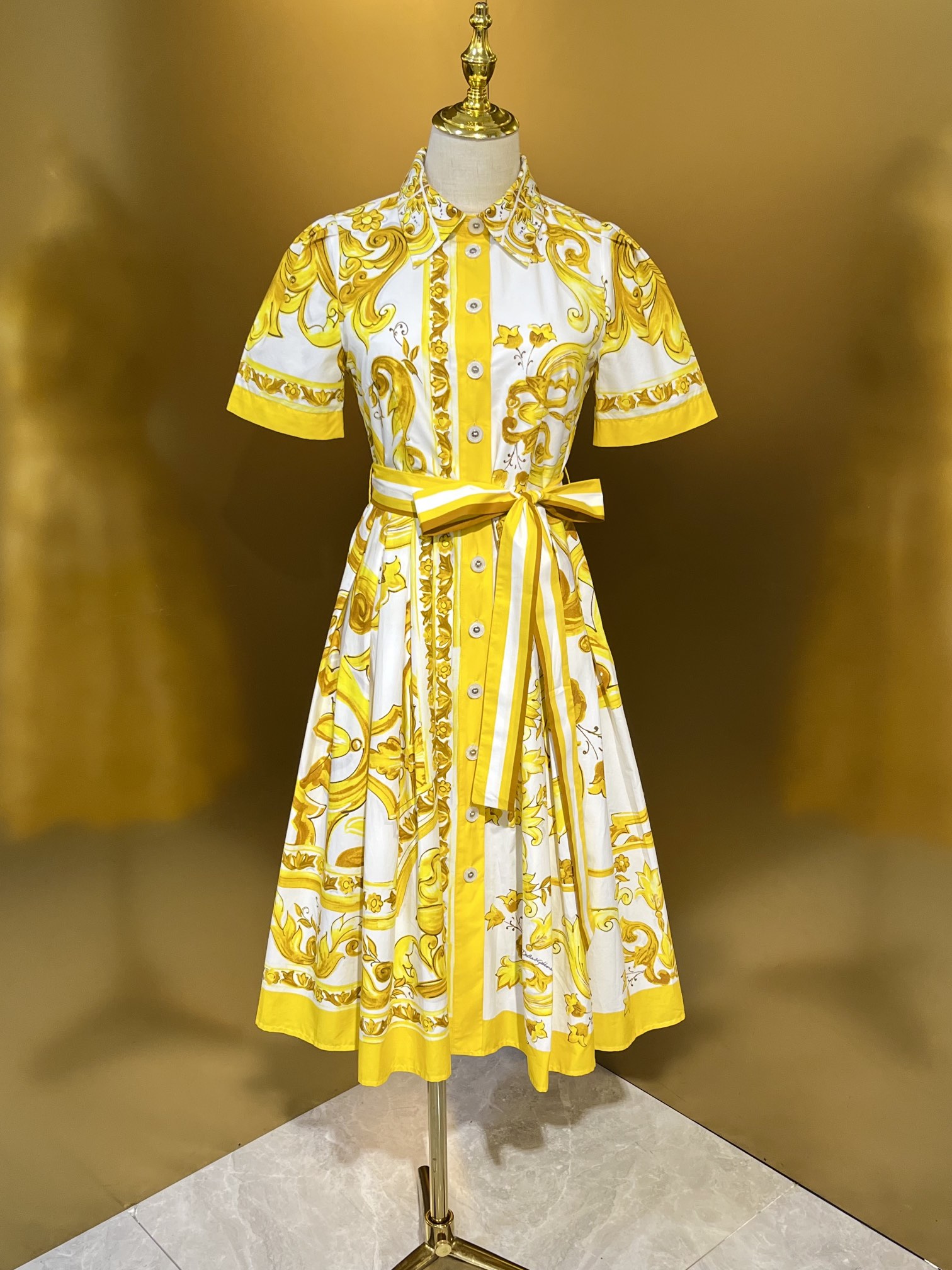 European Designer Designs 2024 New Yellow Porcelain Cotton Cloth Waist Wrap Custom Button Shirt Dress