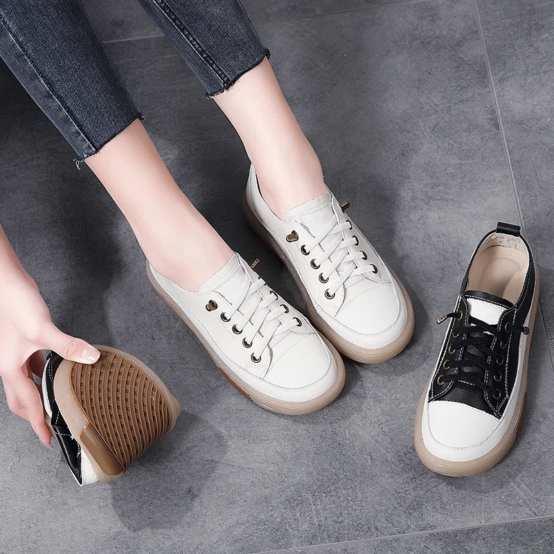 Genuine leather womens soft soled walking shoes womens student patchwork sports shoes white and black apartments womens casual skateboarding es summer