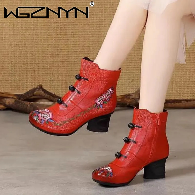 Flower ankle womens boots autumn and winter genuine leather womens boots retro handmade comfortable shoes high heels Botas Mujer 240614