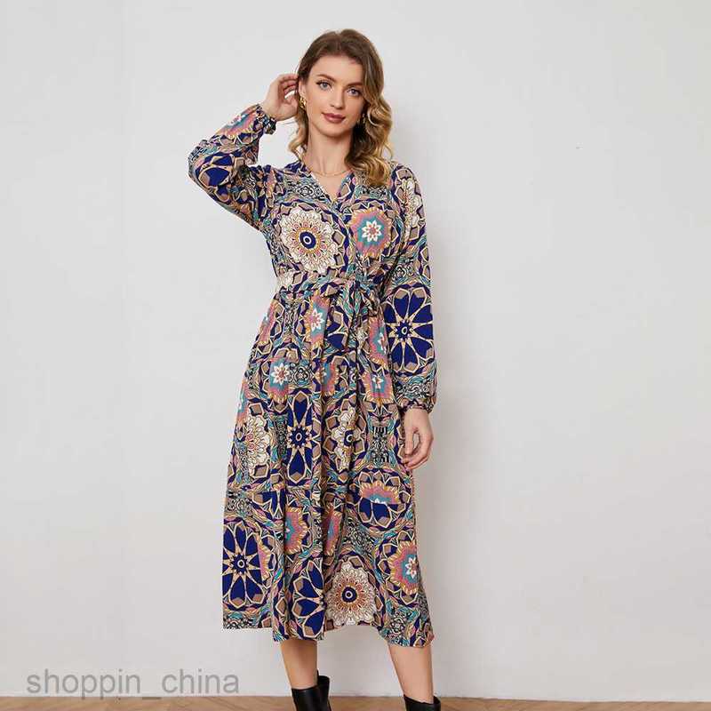 Basic Casual Women Dresses New Abstract Holiday Print Tie Waist Long sleeved Dress JR2500