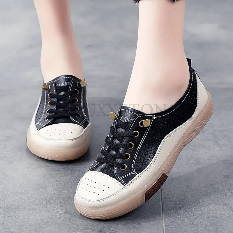 Women Flat Shoes Summer Breathable Cutout Casual Shoes Ladies Soft Bottom Genuine Leather Flats White Shoes Woman 240619
