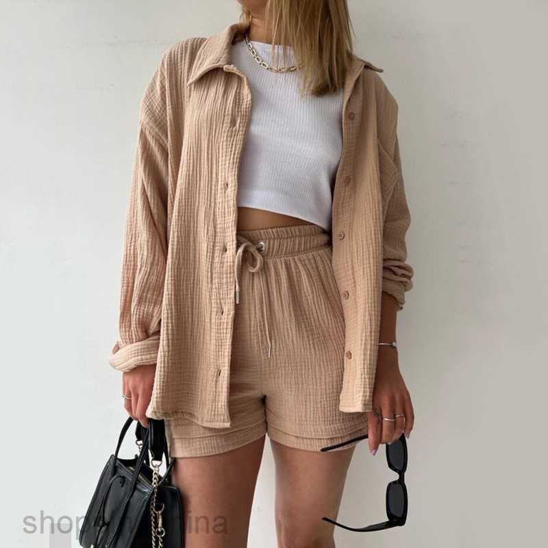 Women's Tracksuits new casual solid color button up shirt jacket drawstring shorts sports two-piece set Sets