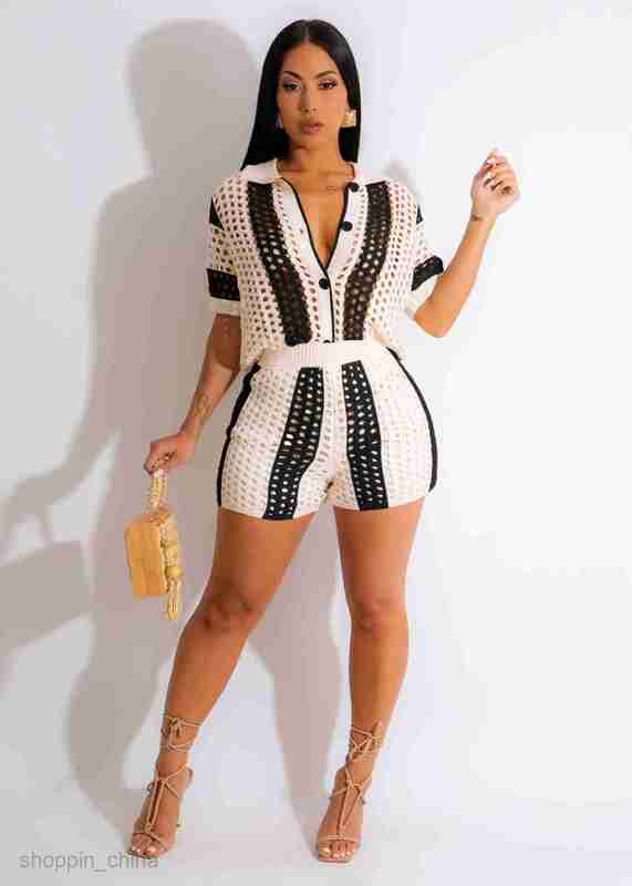 Women's Two Piece Sets Pants Summer Women's Sexy Women's Hollow Perspective Flip Collar Knitted Shorts Set