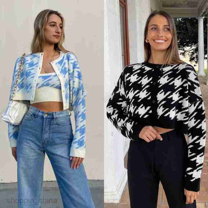 Women's Sweaters Maillard autumn/winter short cut open navel long sleeved bird check sweater cardigan pullover for women