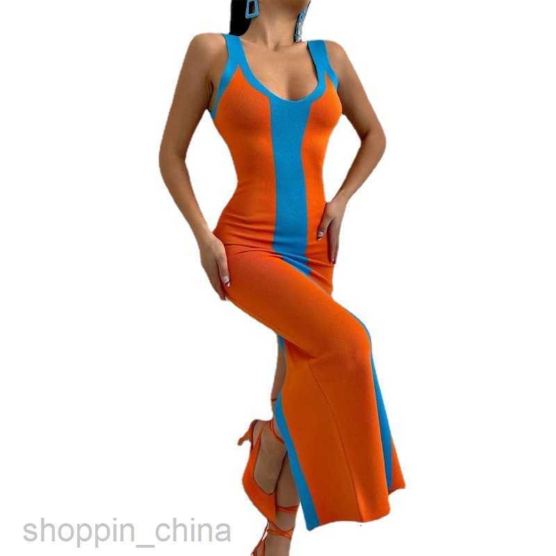 Basic Casual Women Dresses spring summer sexy contrast color knitted medium length tight suspender split color matching dress