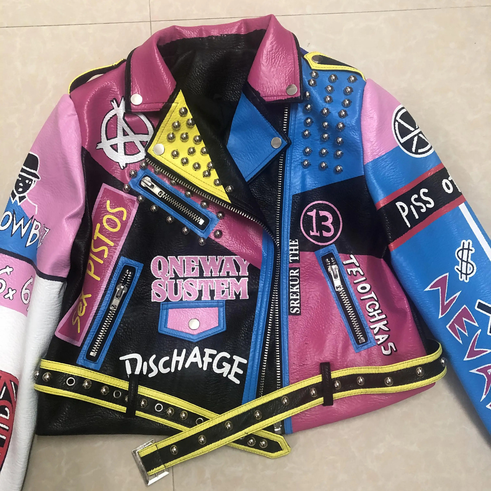 letters printed cartoon Graffiti rivet beading pu leather coats Women street Punk Rock Cropped Leather Jackets with belt 240604